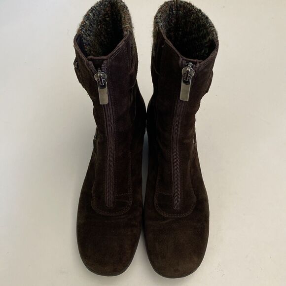 Aquatalia Brown Ankle Boot Wedge Heel Front Zip Suede Knit Cuff Waterpro… - Picture 3 of 8